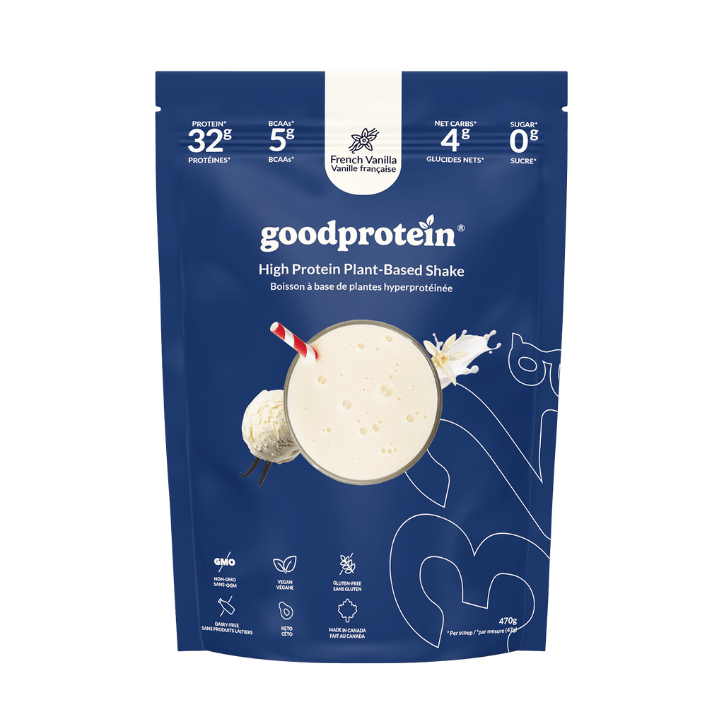 Good Protein French Vanilla High Protein Shake pouch showing different benefits on it.