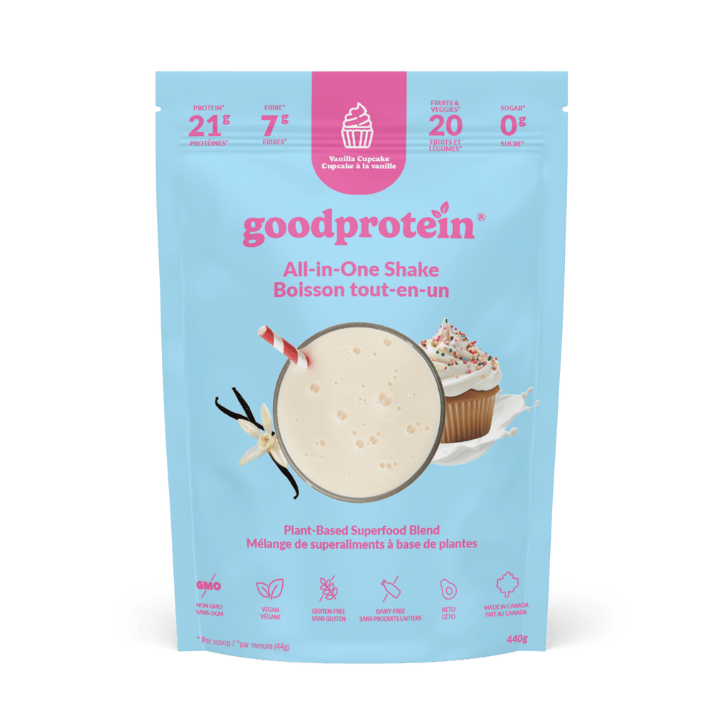 Good Protein Vanilla Cupcake All-in-One Shake pouch that highlights 21g protein, 7g fibre and 25+ nutrients