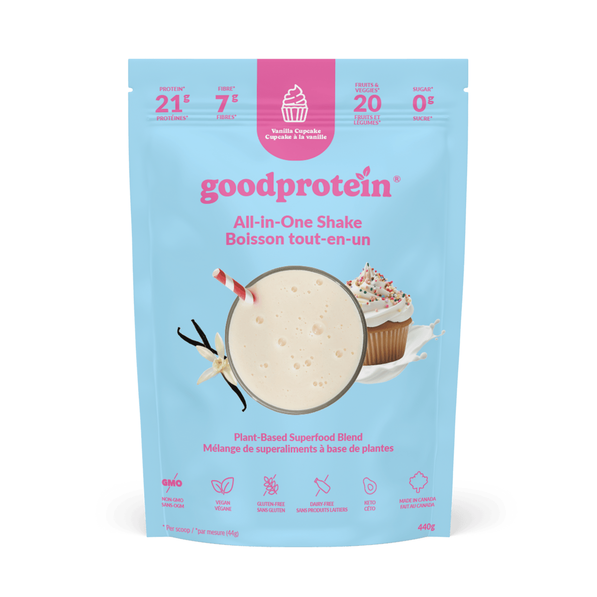 Good Protein Vanilla Cupcake All-in-One Shake pouch that highlights 21g protein, 7g fibre and 25+ nutrients