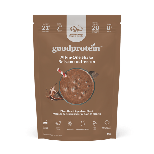 Good Protein Chocolate Fudge All-in-One Shake pouch that highlights 21g protein, 7g fibre and 25+ nutrients