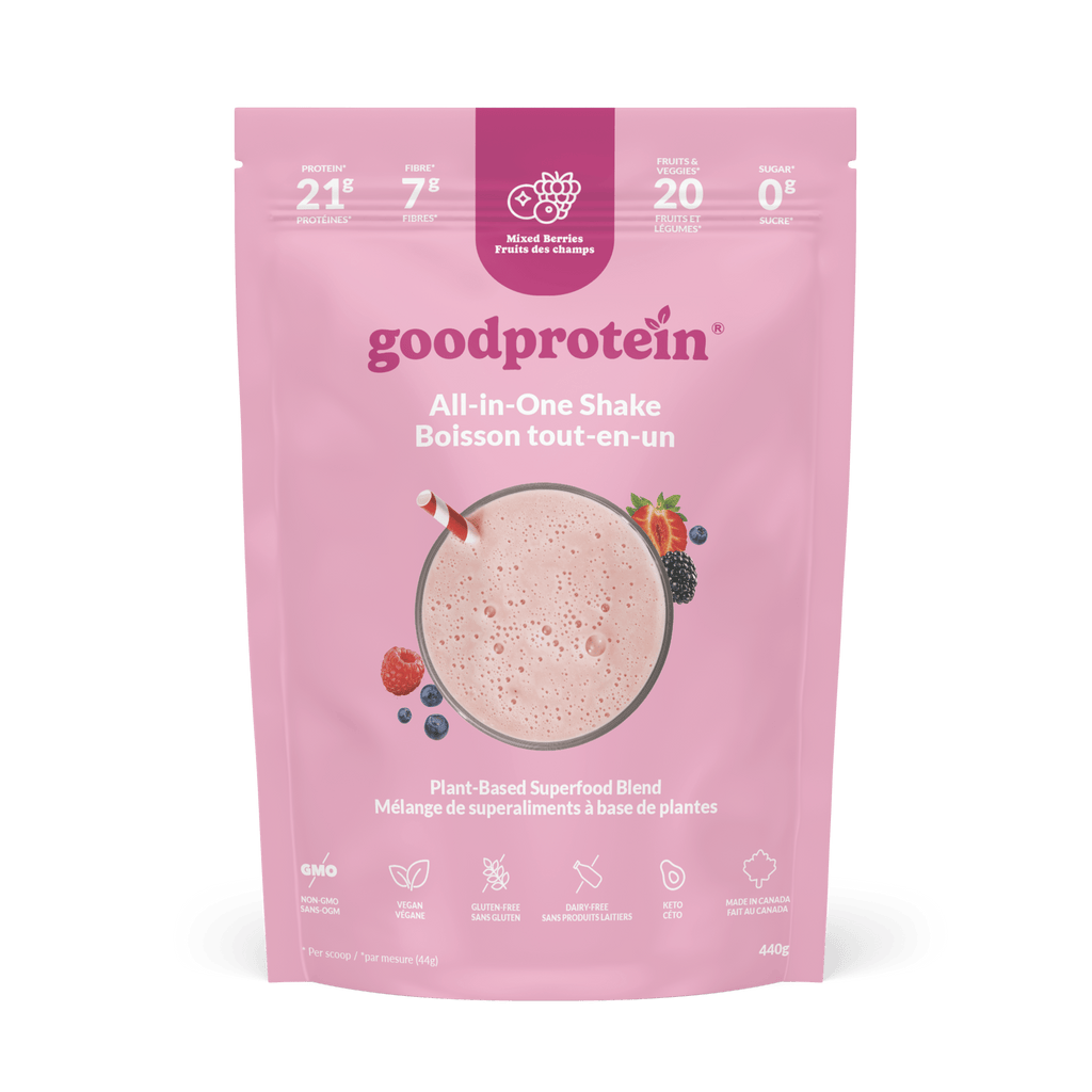 Good Protein Mixed Berries All-in-One Shake pouch that highlights 21g protein, 7g fibre and 25+ nutrients