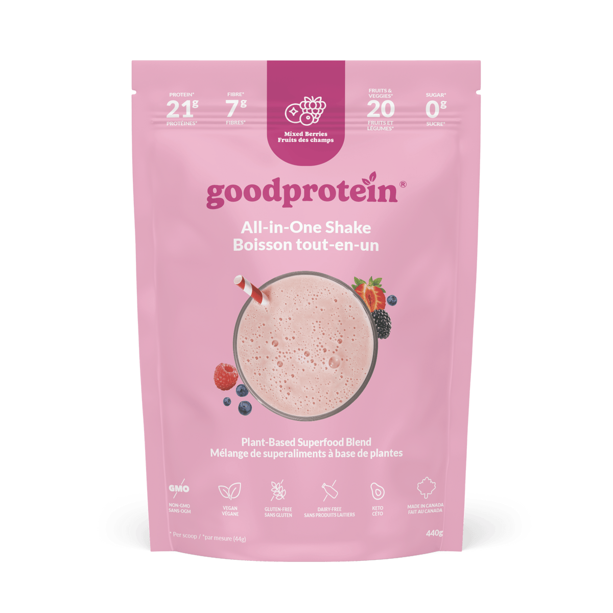 Good Protein Mixed Berries All-in-One Shake pouch that highlights 21g protein, 7g fibre and 25+ nutrients