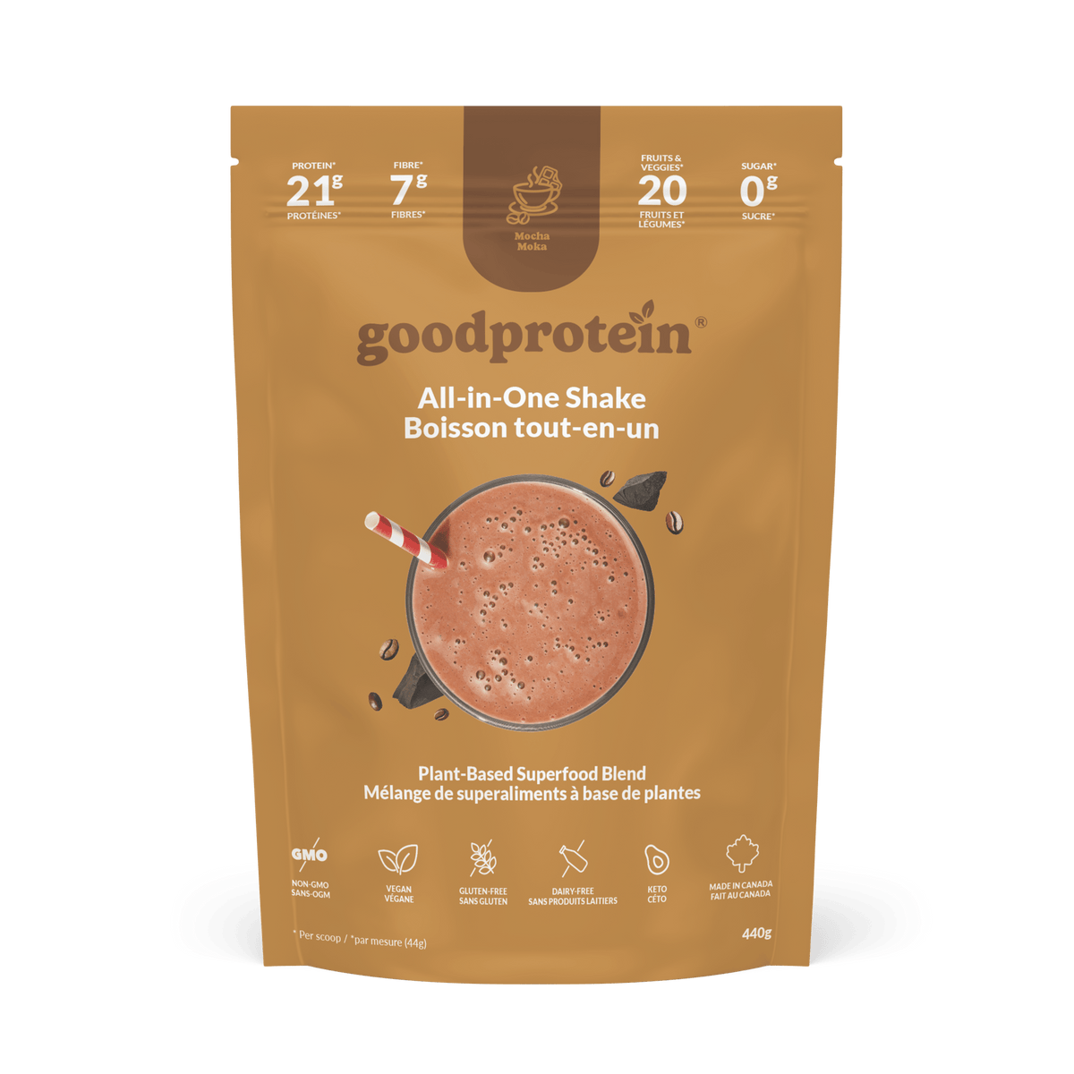 Good Protein Mocha All-in-One Shake pouch that highlights 21g protein, 7g fibre and 25+ nutrients