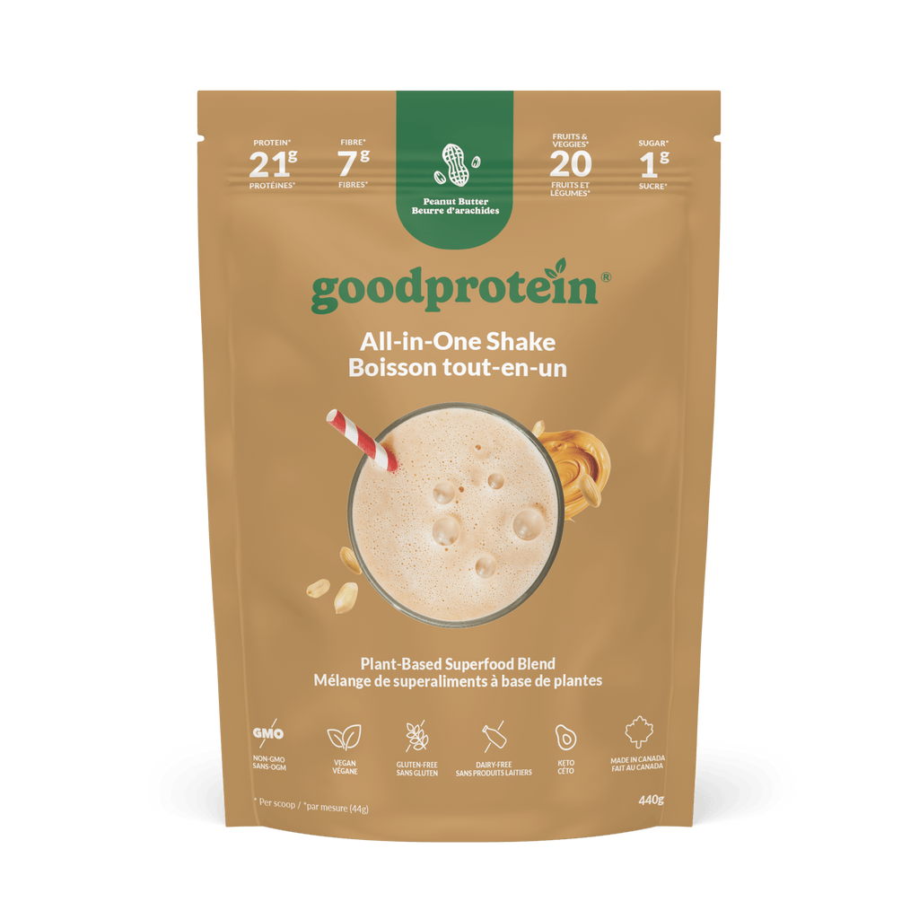 Good Protein Peanut Butter All-in-One Shake pouch that highlights 21g protein, 7g fibre and 25+ nutrients