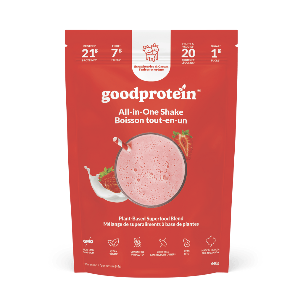 Good Protein Strawberries & Cream All-in-One Shake pouch that highlights 21g protein, 7g fibre and 25+ nutrients