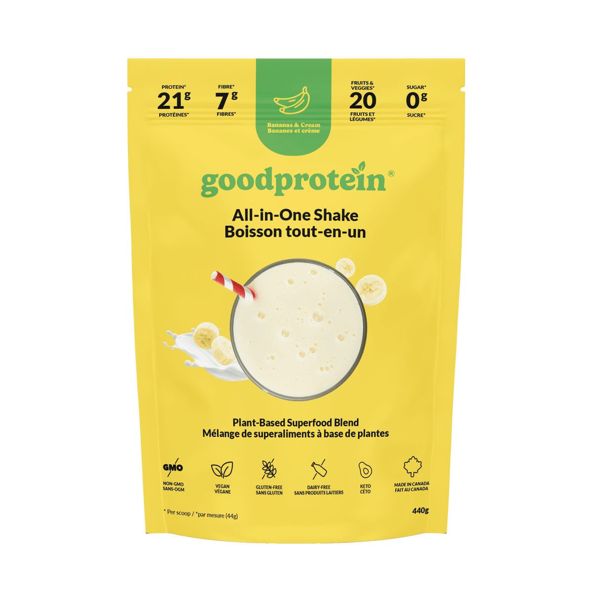 Good Protein Banana & Cream All-in-One Shake pouch that highlights 21g protein, 7g fibre and 25+ nutrients