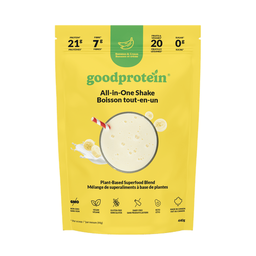Good Protein Banana & Cream All-in-One Shake pouch that highlights 21g protein, 7g fibre and 25+ nutrients
