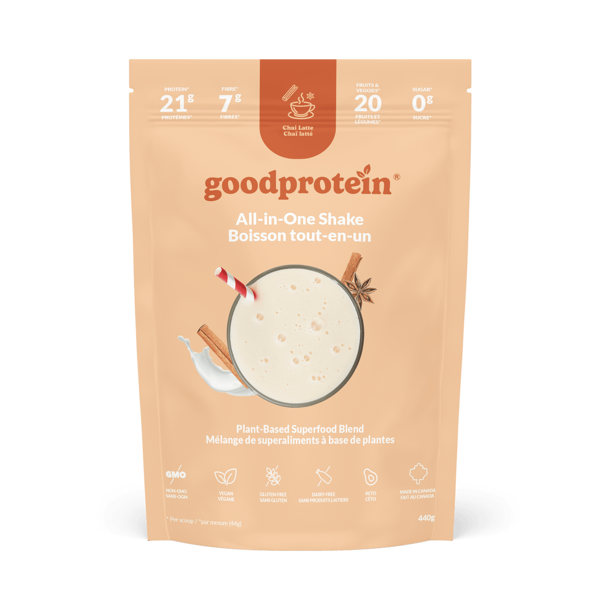 Good Protein Chai Latte All-in-One Shake pouch that highlights 21g protein, 7g fibre and 25+ nutrients