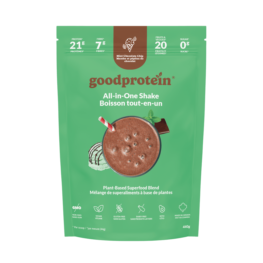 Good Protein Mint & Chocolate Chip All-in-One Shake pouch that highlights 21g protein, 7g fibre and 25+ nutrients