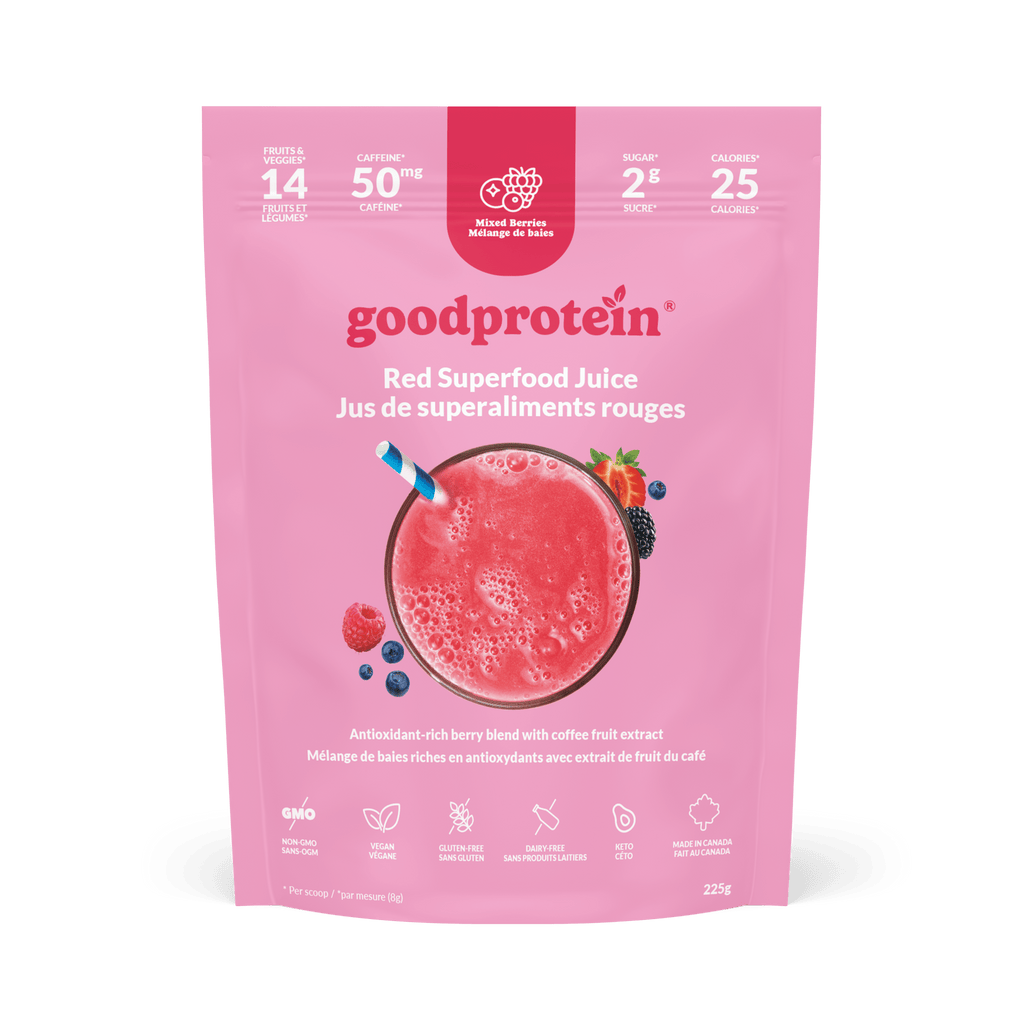 Good Protein Red Superfood Juice pouch with icons showing energy support, 40mg natural caffeine and non-GMO benefits.