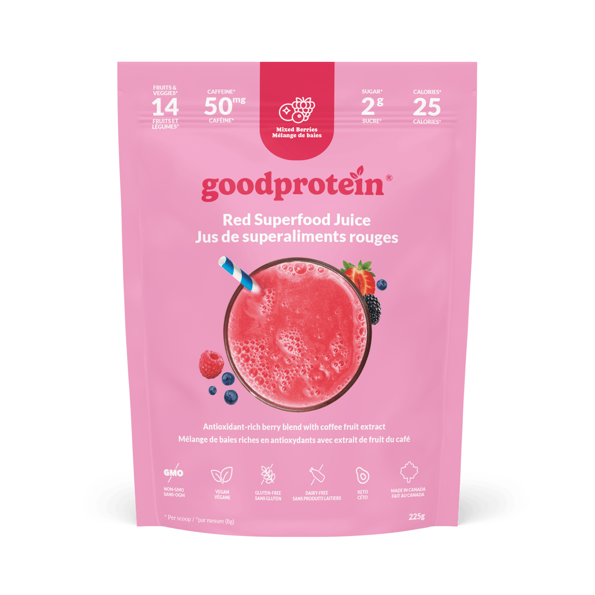 Good Protein Red Superfood Juice pouch with icons showing energy support, 40mg natural caffeine and non-GMO benefits.