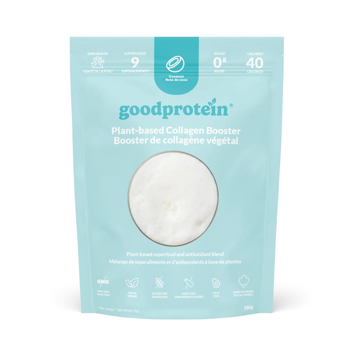 Good Protein Plant-Based Collagen Booster pouch that highlights skin health support, 9 superfoods and non-GMO benefits.